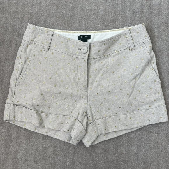 J.CREW Pants - J Crew Shorts Womens 0 Beige 100% Linen Gold Glitter Polka Dots Cuffed City Fit